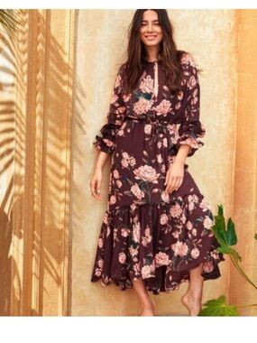 New H&M Johanna Ortiz Brown Wild Roses Crepe Ruffle Boho Maxi Dress Sz M/L